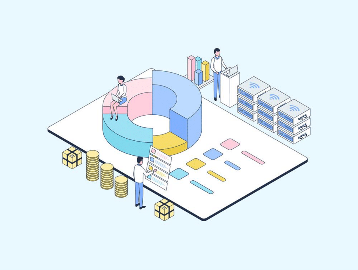 Isometric illustration of business analysis