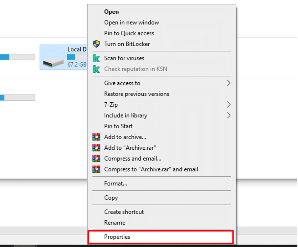 Right-click the drive, select Properties to view disk space
