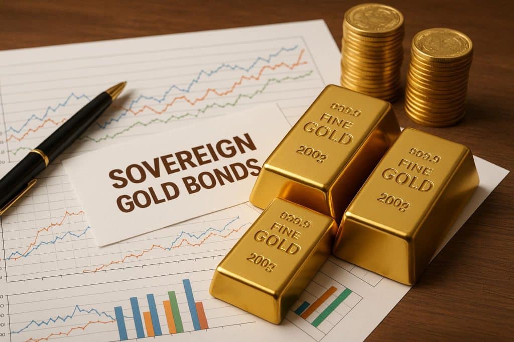 Sovereign gold bonds concept with gold bars, bonds documents, and financial growth chart