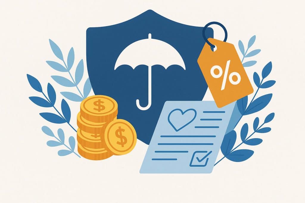 Life insurance policy documents with discount tags and financial planning materials on a desk