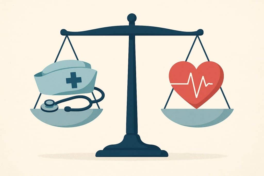 Nurse balancing work and self-care essentials, symbolizing the importance of balance in nursing
