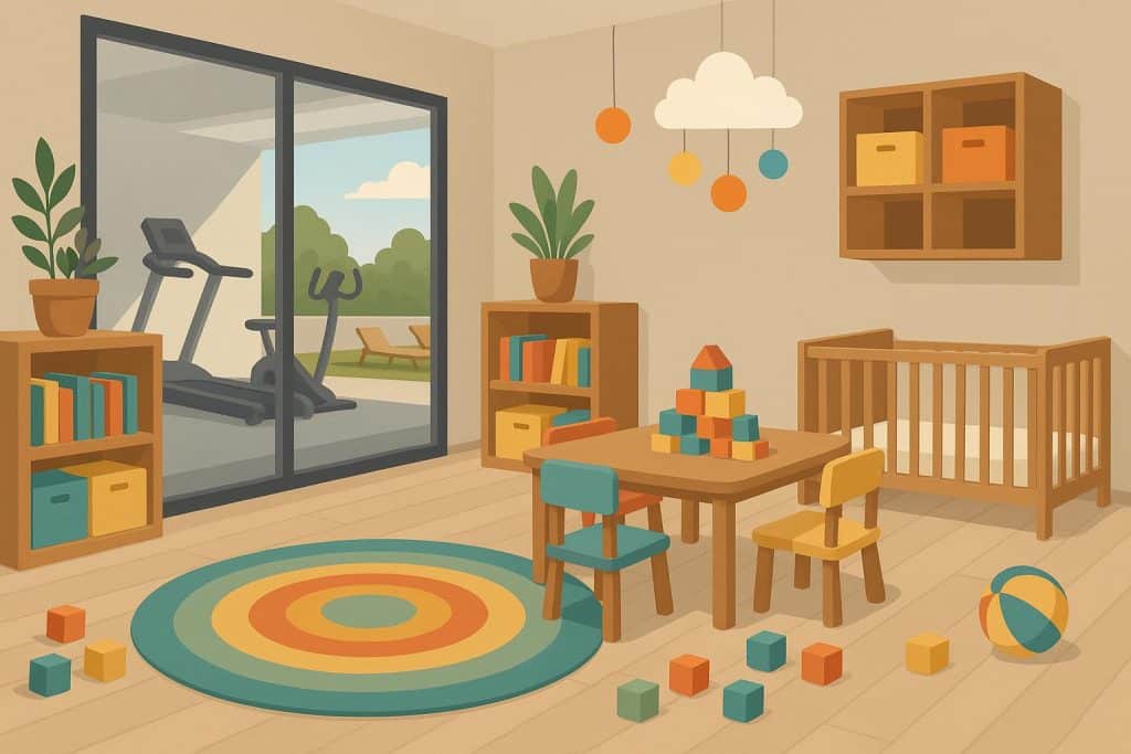 Modern condo play area with playground equipment, family lounge, and child-friendly facilities