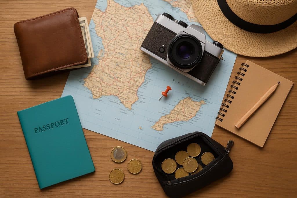 Travel essentials, map, and wallet with cash laid out for budget-friendly trip planning