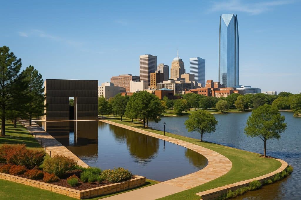 Oklahoma City skyline with vibrant districts, cultural landmarks, and scenic lakeside trails