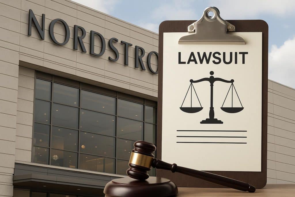 Nordstrom class action lawsuit eligibility concept with legal documents and courthouse background