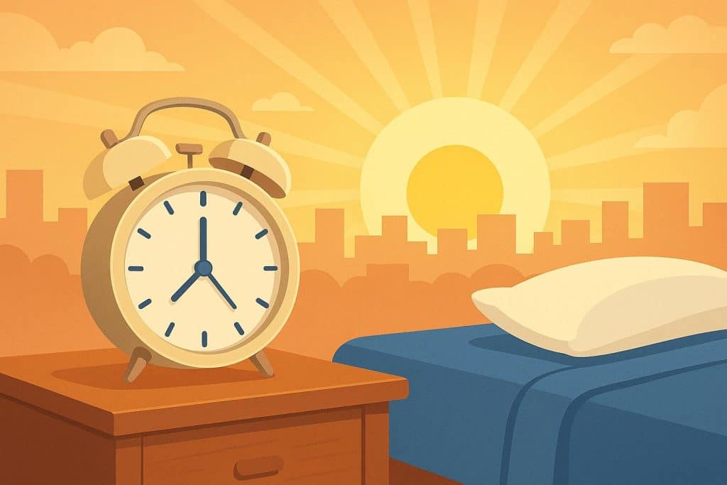 Alarm clock on bedside table with morning sunlight symbolizing tips for becoming an early riser