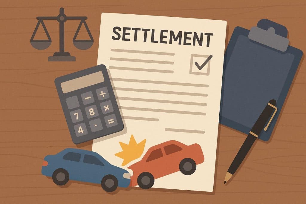 Car accident scene with damaged vehicles and settlement calculation icons for legal compensation info