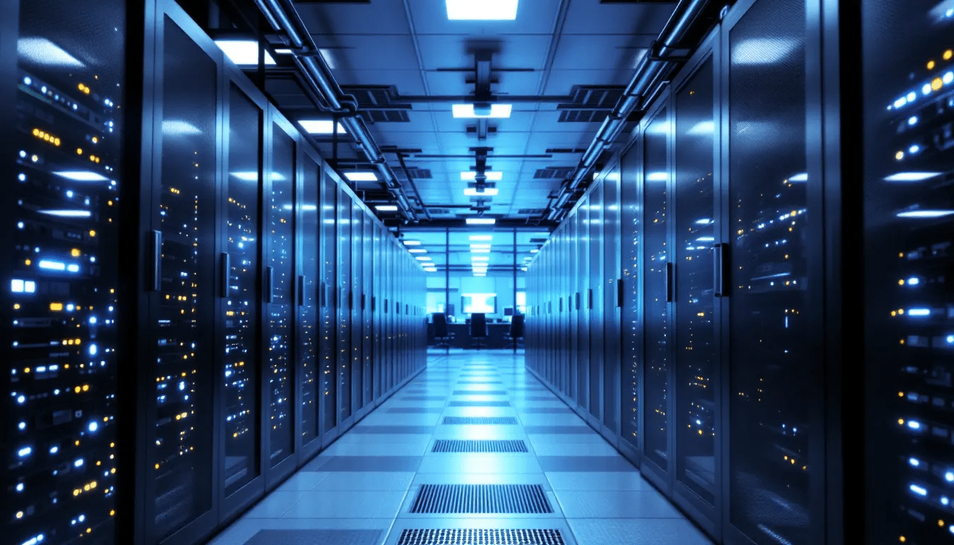 The image depicts a modern data center filled with rows of high-performance servers and networking equipment, designed to support trading platforms and prop trading firms. This secure environment is essential for futures traders to execute their trading strategies efficiently and reliably.