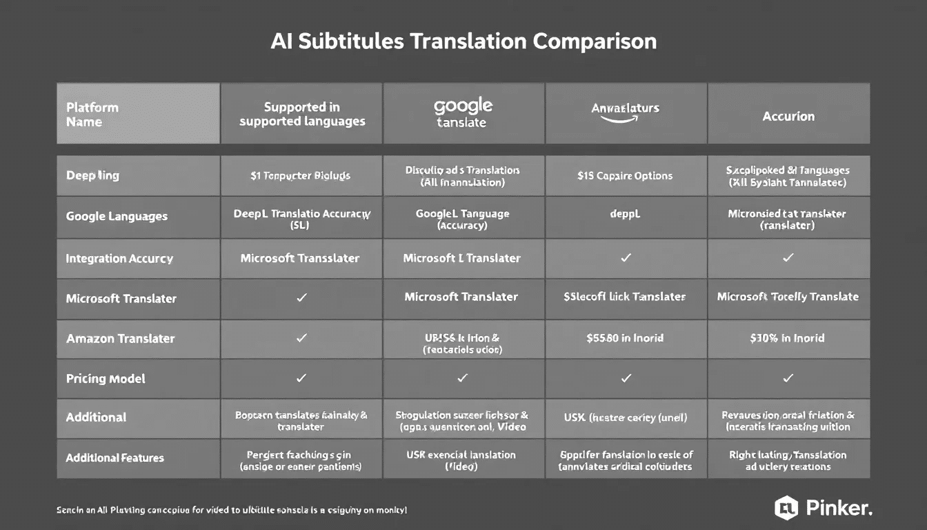 The image features a comparison chart that highlights various AI subtitle translation platforms, showcasing their capabilities in translating subtitles into multiple languages. It emphasizes the use of machine learning algorithms and natural language processing to improve accuracy and address language barriers, making video content accessible to global audiences.