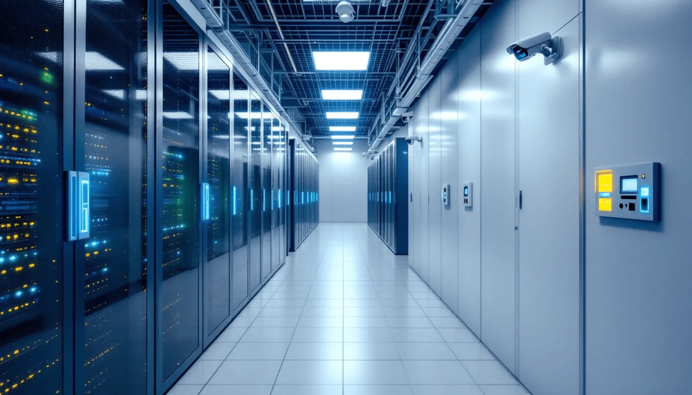 The image depicts a secure data center environment featuring multiple security cameras and advanced access control systems, ensuring the safety of sensitive trading data. This high-performance facility is designed to support traders, particularly futures traders and funded traders, by providing a reliable platform for executing trading strategies.