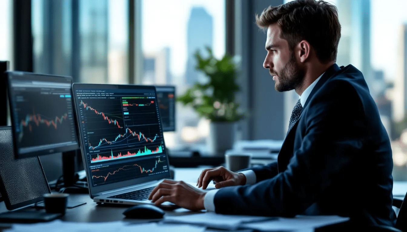 A professional trader is focused on their laptop, analyzing trading charts that display various market trends and data. The screen showcases a trading platform, illustrating the trader's commitment to their trading journey and the strategies they employ to achieve success in the world of prop trading.