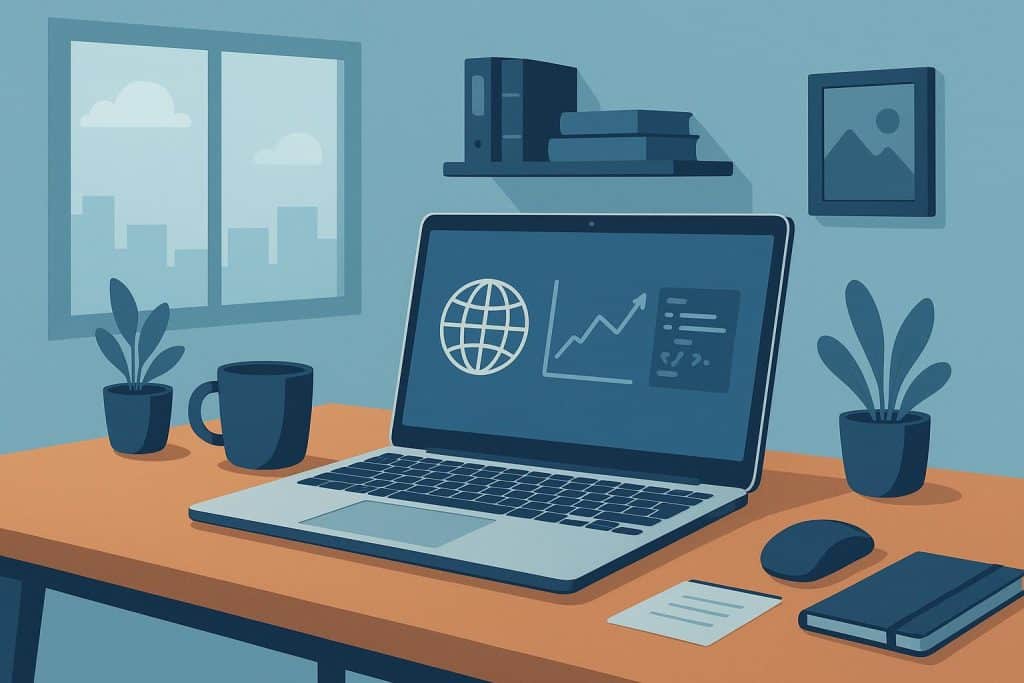 Laptop and coffee cup on desk, symbolizing remote tech work and flexible job opportunities