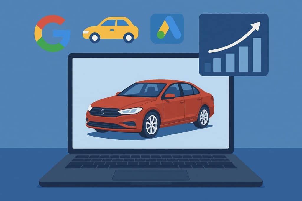Car dealership showroom showcasing digital ads and vehicles, highlighting Google Vehicle Ads strategy