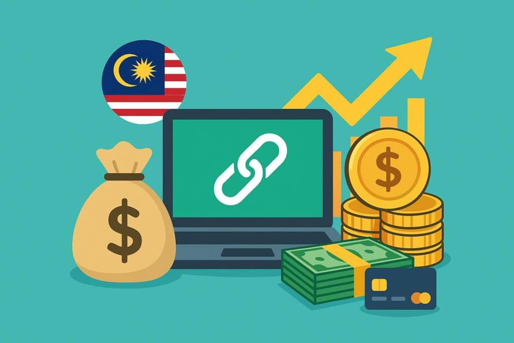 Stack of Malaysian ringgit notes next to a laptop displaying affiliate marketing analytics