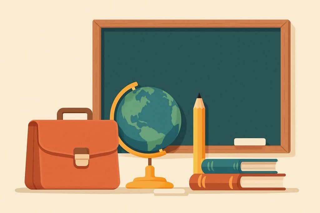 Books and stationery on a classroom desk representing the educational sector