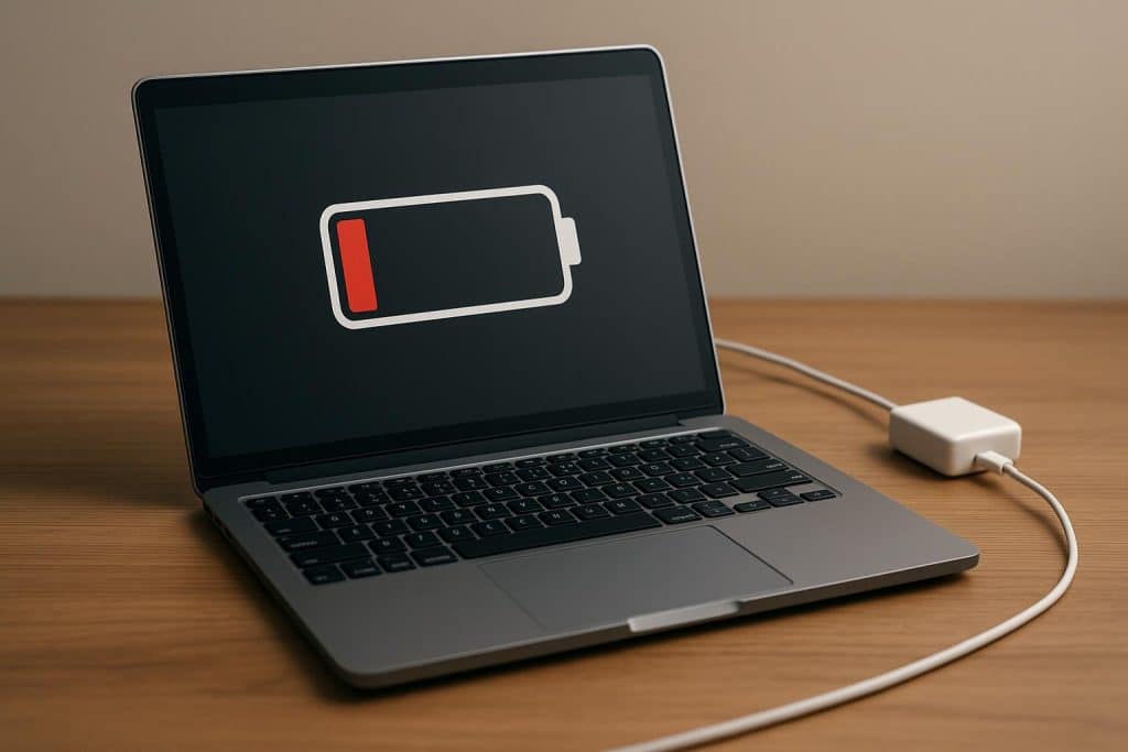 Laptop with low battery warning symbol, highlighting tips to avoid fast power drain