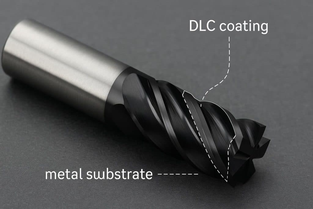 Close-up of a metal component with a diamond-like carbon (DLC) coating illustrating its smooth surface