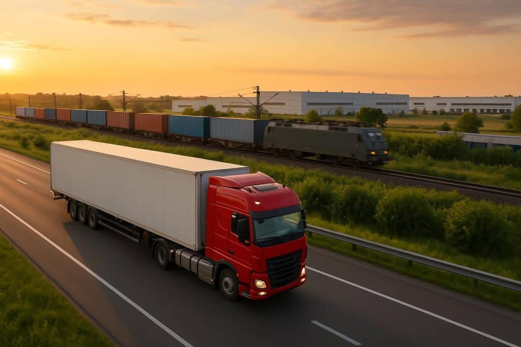 Trucks transporting goods on highway, representing express road freight in supply chain logistics