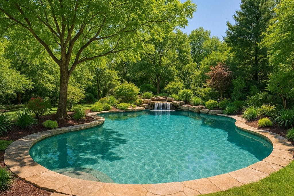 Luxury pool seamlessly integrated with natural trees and lush landscaping for eco-friendly design