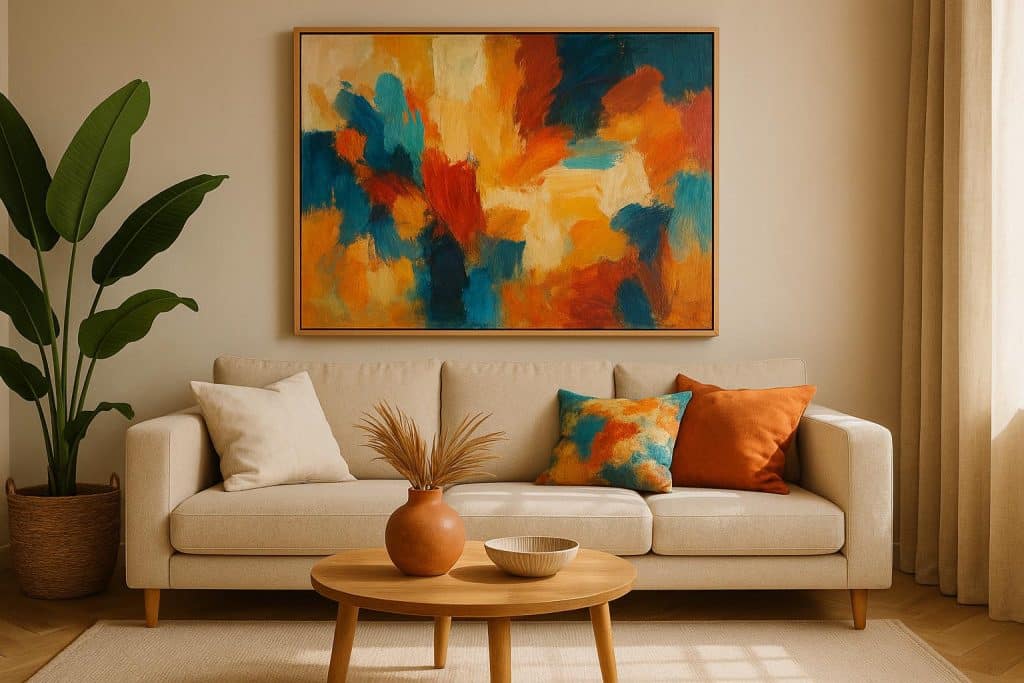 Colorful abstract paintings and handcrafted decor enhance modern living room interior design