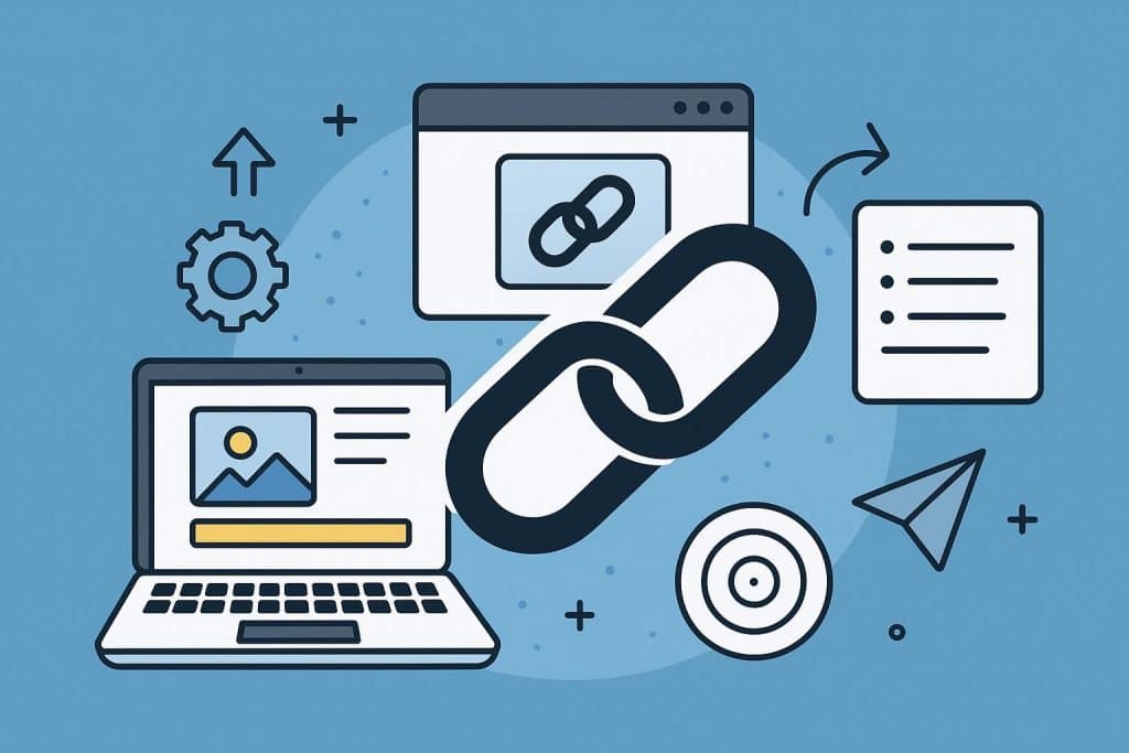 Illustration of SEO specialists creating backlinks for improved website ranking and authority