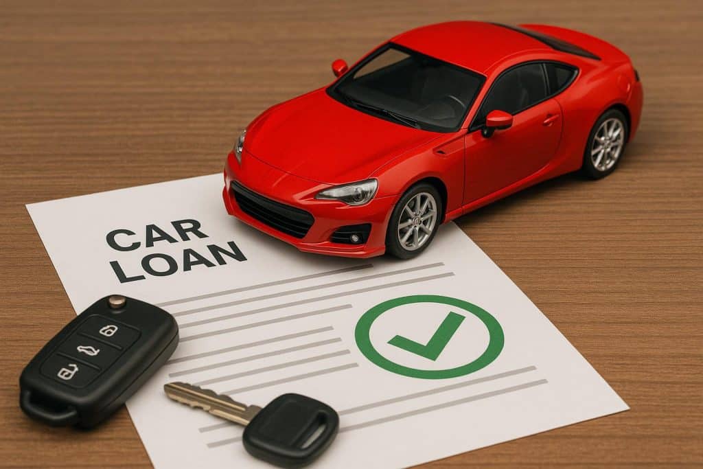 New car with loan approval documents and keys symbolizing faster pre-approved car loan process
