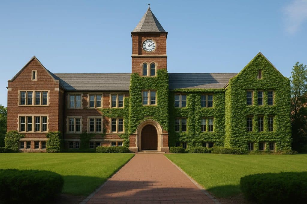 Modern private university campus abroad with welcoming entrance, symbolizing global education opportunities
