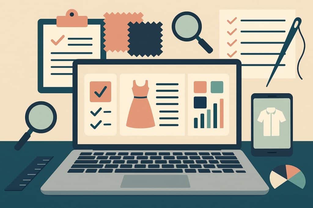Fashion PLM software dashboard with clothing designs, helping brands select digital management tools