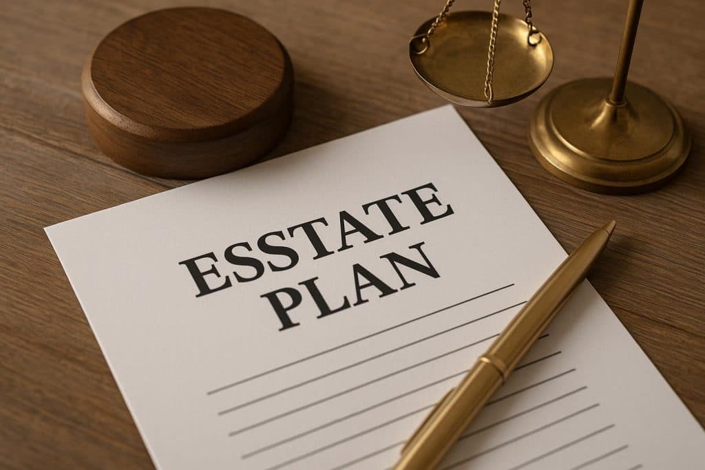 Estate planning documents, pen, and legal book on desk symbolizing estate plan updates