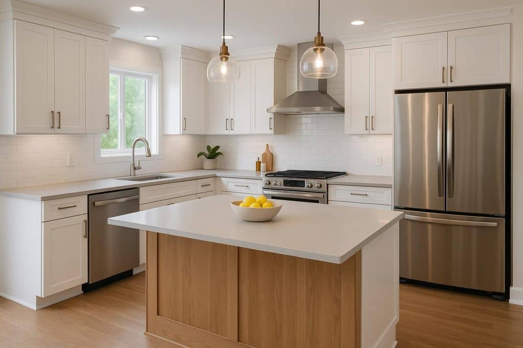 Modern kitchen with updated cabinets, new appliances, and bright, clean countertops