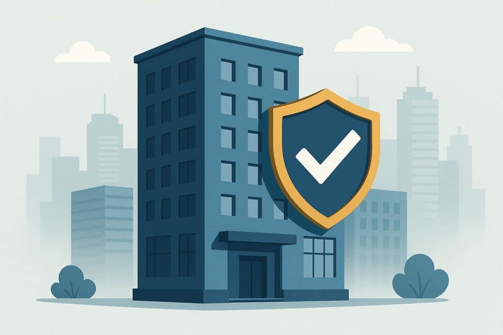 Modern commercial building secured by insurance, symbolizing property protection and risk management