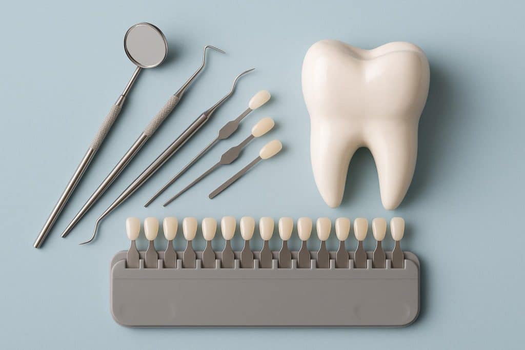 Bright white teeth and dental tools illustrating cosmetic dentistry for smile enhancement