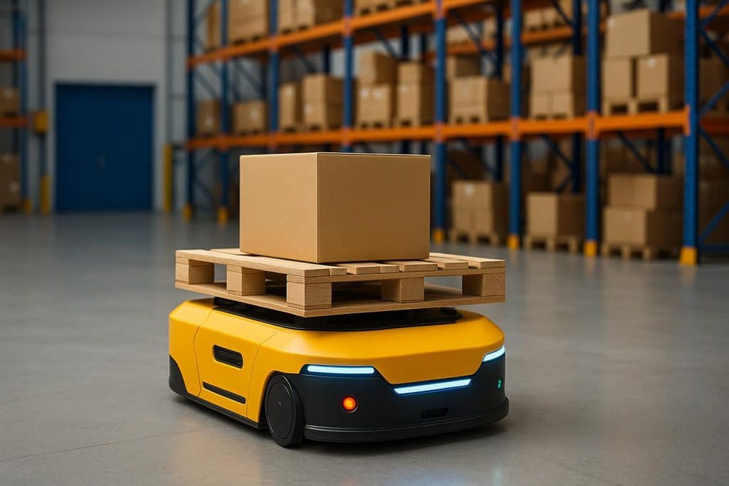 Lightweight autonomous industrial robot transporting materials in a modern warehouse setting