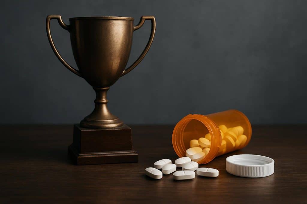 Luxury office desk with scattered prescription pills highlighting hidden addiction among high-achievers