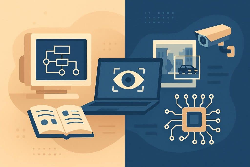 Illustration of computer vision technology development from research to real-world applications