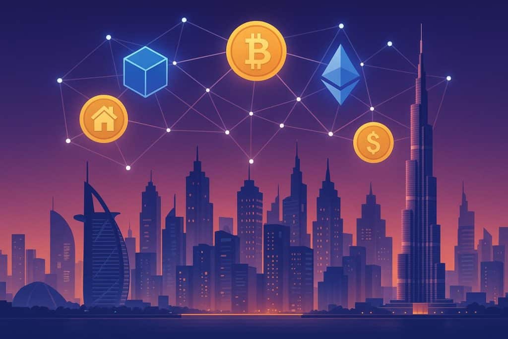 Dubai skyline with digital blockchain and cryptocurrency icons representing real estate innovation