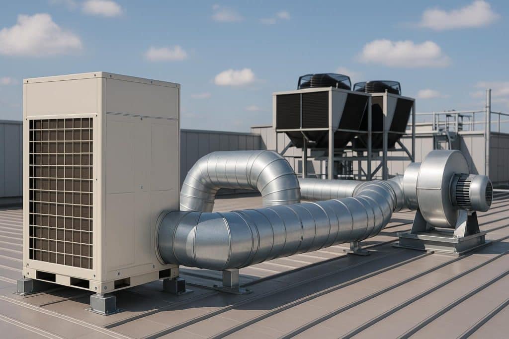 Commercial HVAC technician inspecting rooftop unit for routine maintenance and system efficiency
