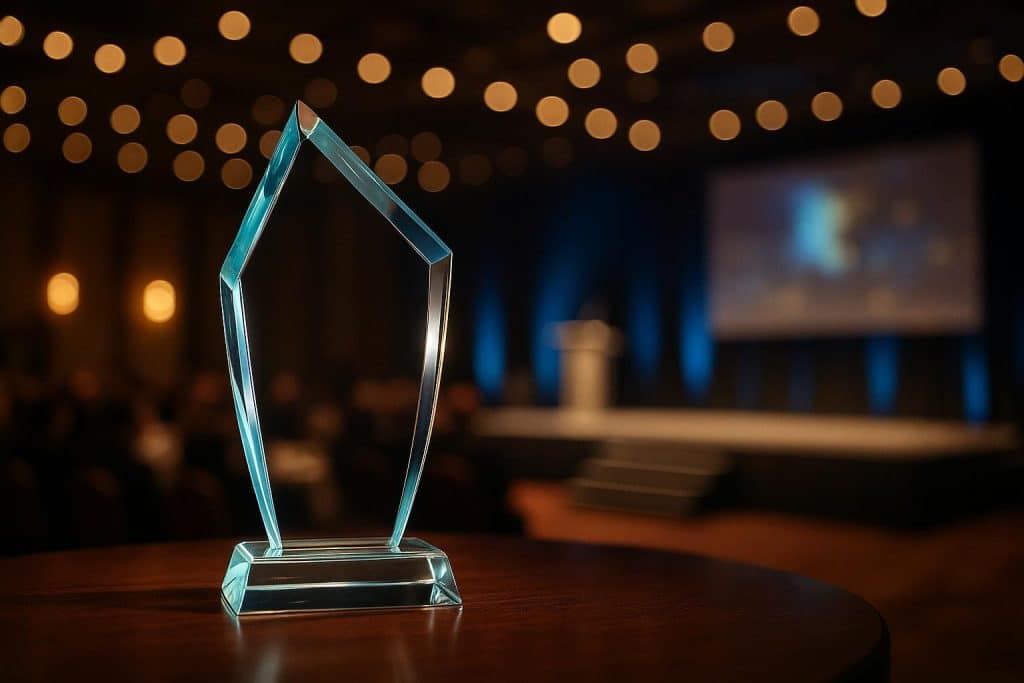 Elegant glass award trophy displayed on stage, symbolizing excellence at achievement ceremonies