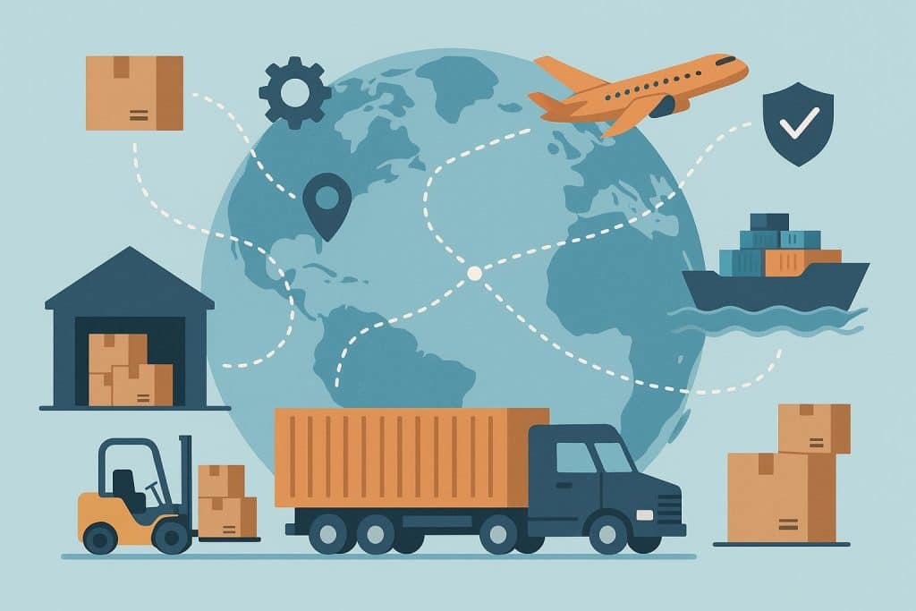 Global logistics network with cargo ships, trucks, and warehouses illustrating supply chain resilience