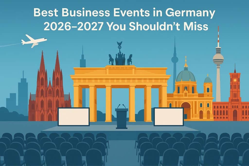 Best Business Events in Germany 2026–2027 You Shouldn’t Miss Conference attendees networking at a German business expo with banners and exhibition booths