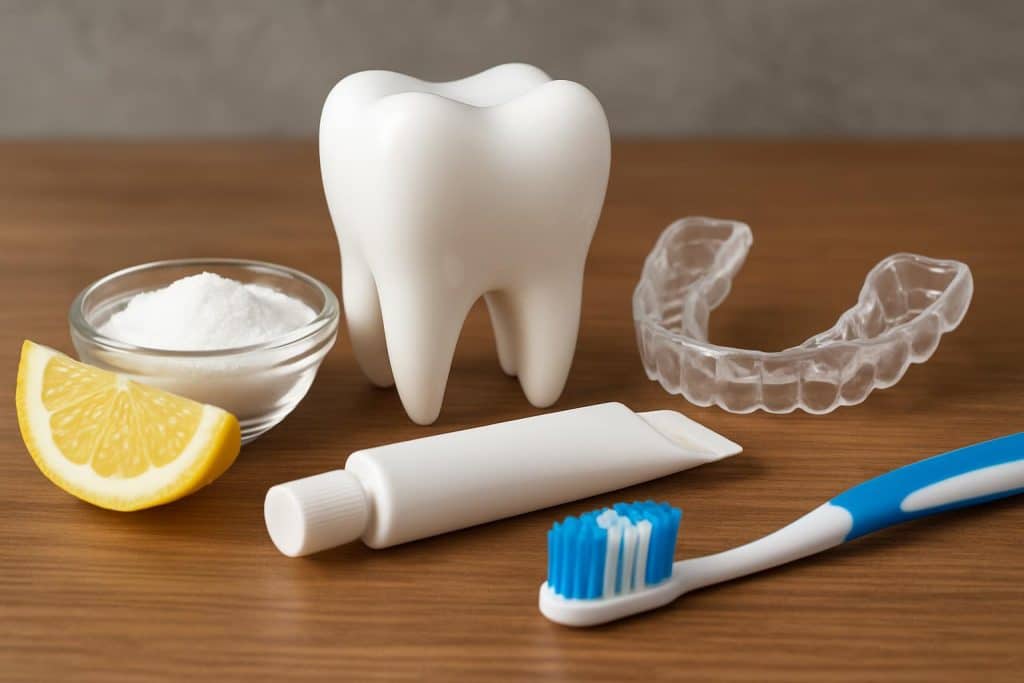 Teeth Whitening Hacks That Make Your Smile Shine Fast Bright white teeth with dental tools and whitening products for fast smile enhancement tips