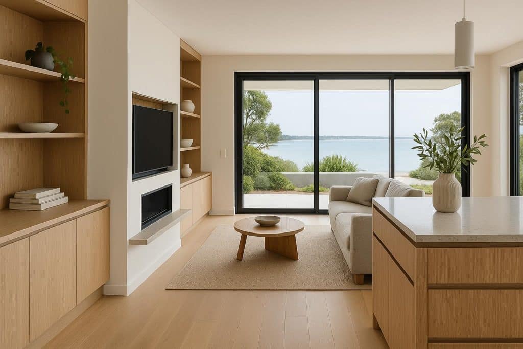What Custom Joinery Can Transform Your Bayside Home? Bespoke wooden cabinetry and shelving enhancing a modern Bayside living room interior