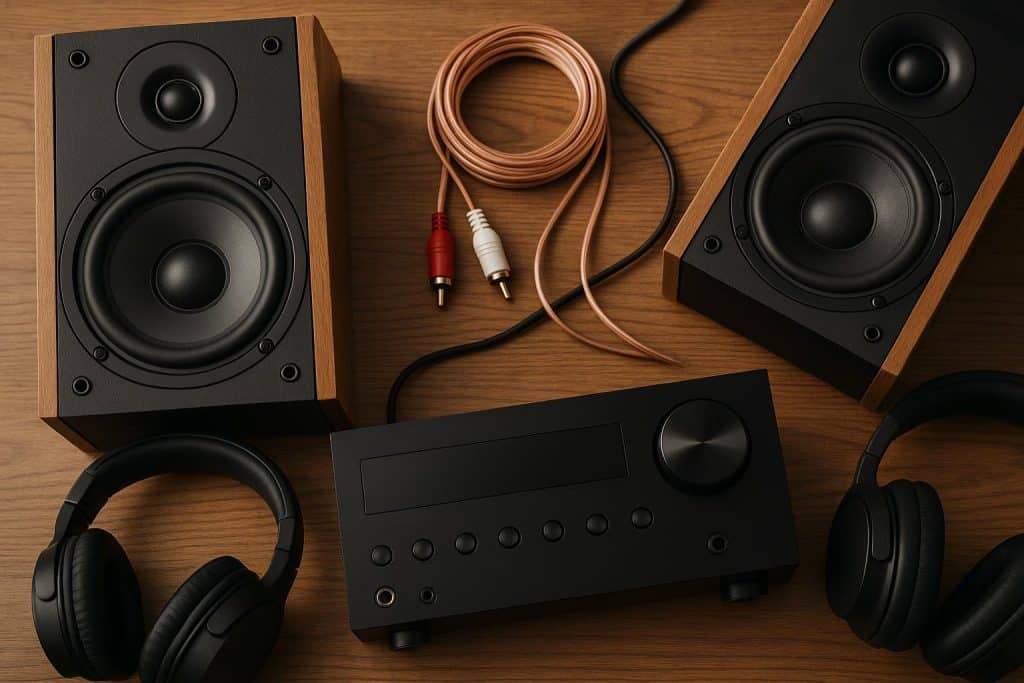 How to Choose the Right Tools for Home Audio Setup Modern home audio setup with speakers, receiver, and cables arranged on a living room shelf