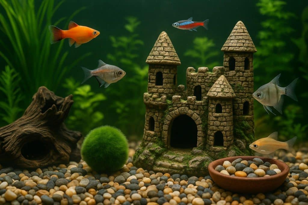 5 Fish-Friendly Decorations and Accessories for Your Aquarium Colorful aquarium with natural plants, driftwood, rocks, and fish-safe decorative accessories