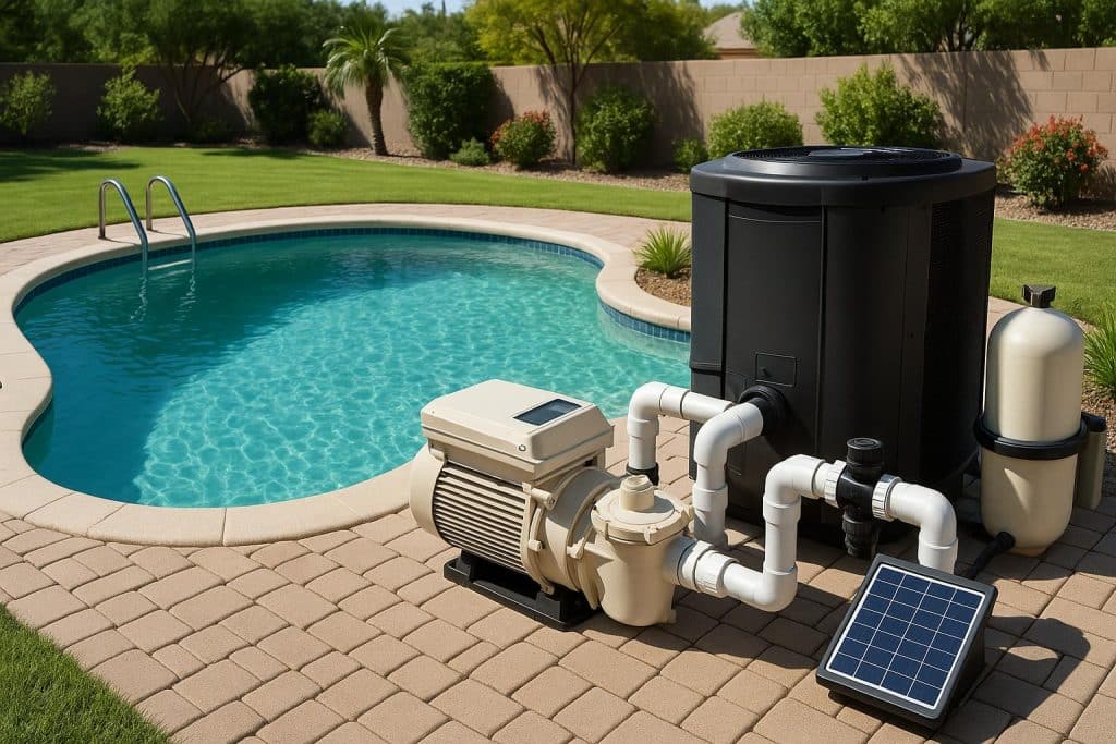 Solar panels and efficient pool pump beside a modern home swimming pool for energy savings
