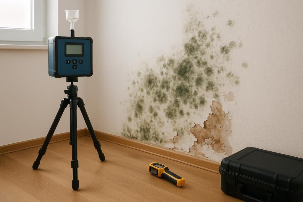 Home inspector using specialized equipment to test for mold in a residential living room