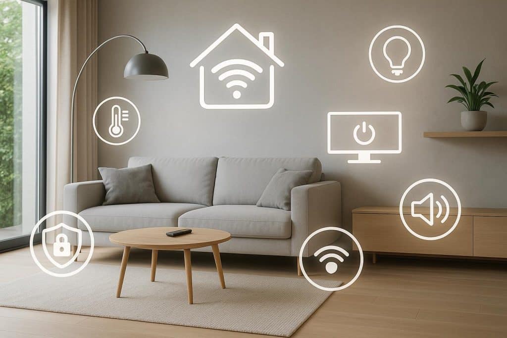 Modern smart home with integrated technology systems and innovative space-saving furniture