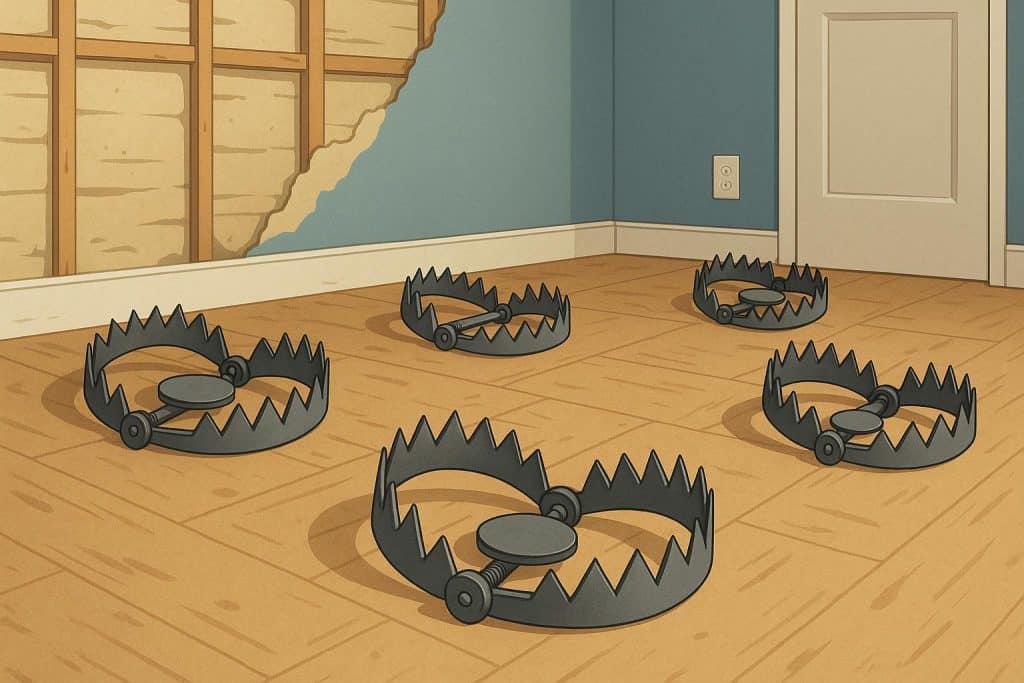 Don’t Fall for These Common Home Renovation Traps Contractor pointing at home renovation blueprints surrounded by tools and unfinished walls