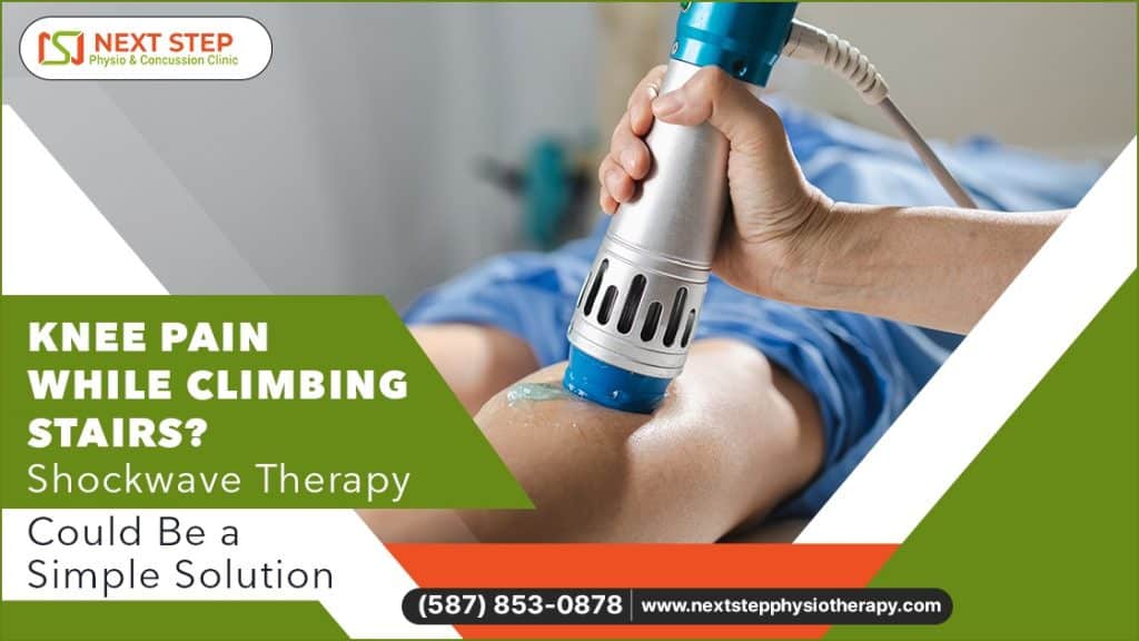 Person holding knee on stairs, highlighting knee pain and shockwave therapy as a treatment option