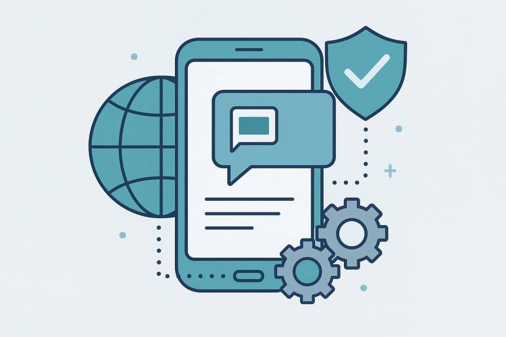 Global messaging concept with SMS API icons, network connections, and secure communication symbols